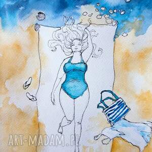 body positive akwarela artystki adriany laube - kobieta, plaża, morze, lato