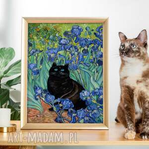 plakat 40x50 cm - czarny kot w irysach van gogha z kotem śmieszny prezent