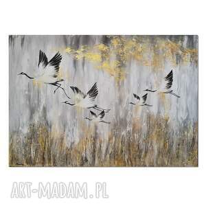 żurawie 5, ptaki, obraz do salonu malowany na płótnie obrazy ścianę