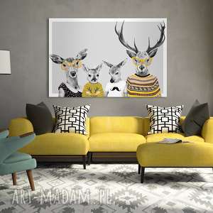 drukowany obraz z rodziną jeleni - jelenie w ubraniach 120x80 cm 02234
