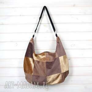 torba hobo listonoszka na ramię brązowa, torebka, prezent, patchwork, kwadraty