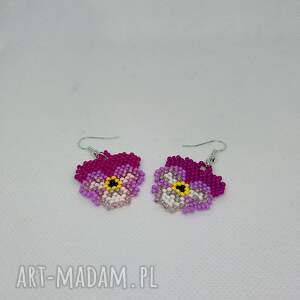 kolczyki bratki z koralików, dodatek dla niej prezent