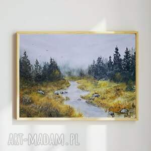 Mglisty krajobraz - oryginalna akwarela z rzeką 42x29,7 cm