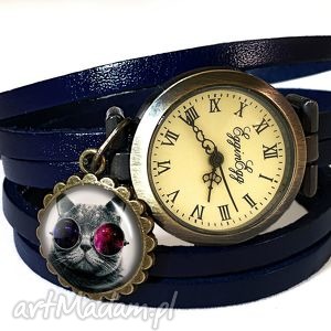 handmade zegarki kosmiczny kot - zegarek / bransoletka na skórzanym pasku