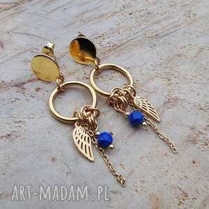 kolczyli ze skrzydłami i lapis lazuli, biżuteria stali, nowoczesne kolczyki
