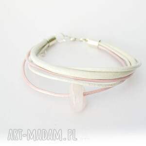 handmade bransoletka - 1 stone biała, różowa, skórzana