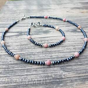 komplet naszyjnik bransoletka rodonit mat z koralików, skromna