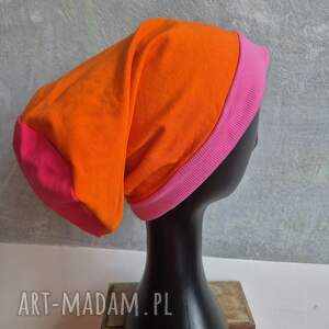 czapka smerfetka pomarańczowo różowa codzienna na podszewce rozmiar uniwersalny