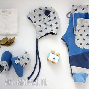 baby shower set gwiazdy spodnie czapka bambosze, komplet, zestaw, bawełna