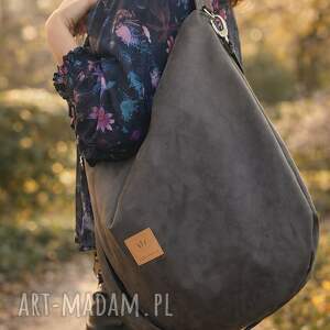 duża torba worek z eko zamszu khaki, hobo bag pojemna torebka, torebka