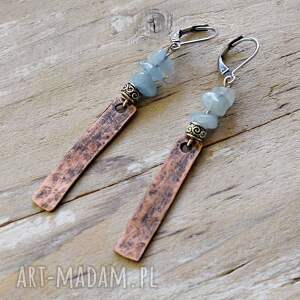 kolczyki z kutej, oksydowanej miedzi i akwamarynu /1/ biżuteria