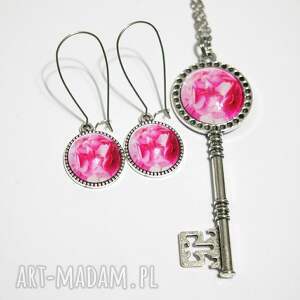 yenoo naszyjnik klucz i kolczyki - różowa pelargonia komplet niej