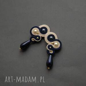 granatowo kremowe klipsy sutasz, sznurek, eleganckie, delikatne