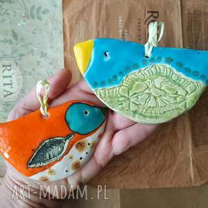 Ptaszki ceramiczne niebiesko-pomarańczowe handmade