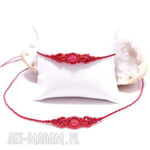ambrozja jadeit w makramie czerwony delikatny choker i bransoletka pleciona