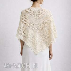 Ozdobna chusta ślubna ecru Klaziena ręcznie robiona z merino