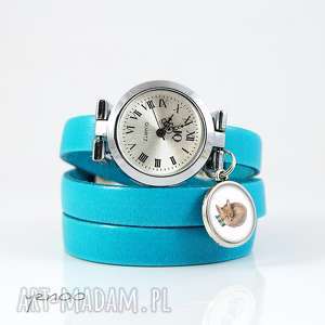 zegarek, bransoletka - lisek niebieski, skórzany, grafika, prezent