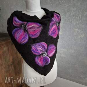 czarna chusta handmade wełniana, elementy - Chustki i apaszki