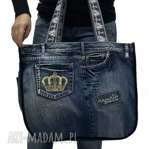 handmade na ramię duża torba upcykling jeans haft korona 94 od majunto