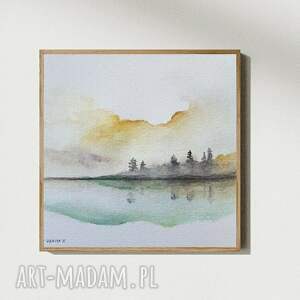 Akwarela Drzewa 20x20 cm - ręcznie malowany pejzaż pomarańczowo-zielony