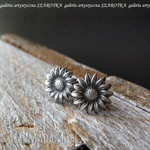 słonecznikowe kolczyki ze srebra, srebro oksydowane kwiat słonecznika