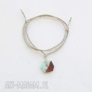 chryzopraz i len bransoletka, naturalna biżuteria, lniana biżuteria styl boho