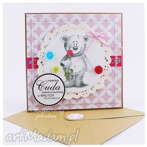 scrapbooking kartki dziecięca kartka z misiem #4, dziewczynka, róża guzik