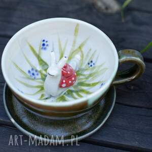 handmade ceramika filiżanka do herbaty z figurką ślimaka | do kawy | leśne runo | ok 280