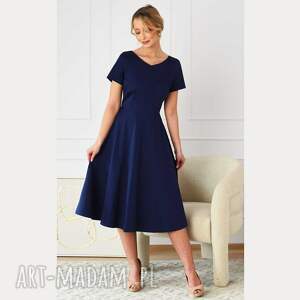 Granatowa bawełniana sukienka midi talia (elegancka sukienkia, do biura, do pracy, rozkloszowana)