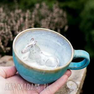 handmade ceramika filiżanka z koniem | perłowy turkus | filiżanka do kawy | kamionka