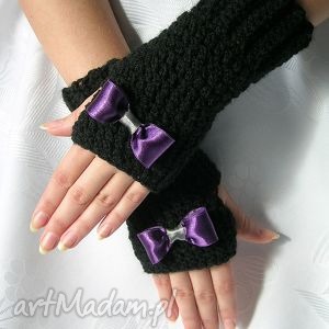 rękawiczki - mitenki czarne z fioletową kokardką, ocieplacze, ozdoba
