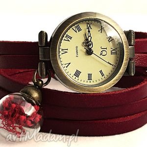 romantyczna czerwień - zegarek/bransoletka na skórzanym pasku prawdziwe, kwiaty