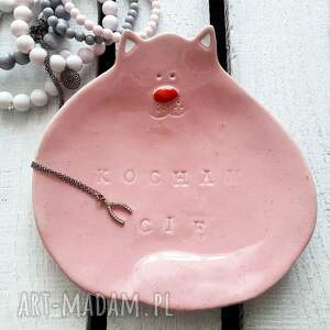 Różowy talerzyk deserowy Kot Kocham Cię - Rękodzieło na prezent