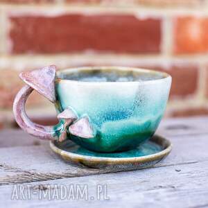 handmade filiżanka z grzybkami zielone poszycie ok 370 ml 2 ceramika