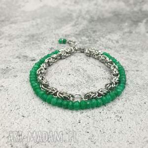 Bransoletka chainmaille z zielonym jadeitem - regulowana stal szlachetna