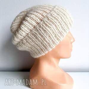 nitkowelove ręcznie robiona czapka damska morgana alpaka z jedwabiem 100/01 ecru