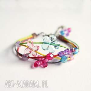 bransoletka - kolorowe motyle 2 sznureczki sznurkowa, kwiaty dla dziewczynki