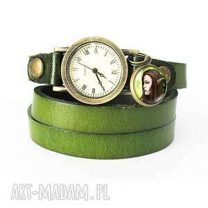 bransoletka, zegarek - elves oliwkowy, skórzany, retro, prezent