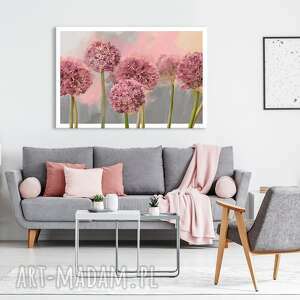obraz do salonu drukowany na płótnie z kwiatami, różowe kwiaty czosnku 120x80cm
