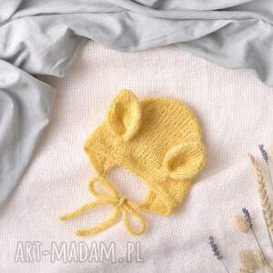 ręcznie zrobione dla dziecka bonetka niemowlęca, merino baby alpaka, żółty
