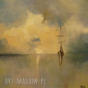 obraz na płótnie - samotnik 25/25 cm, abstrakcja, łódź, niebieski, morze, szary