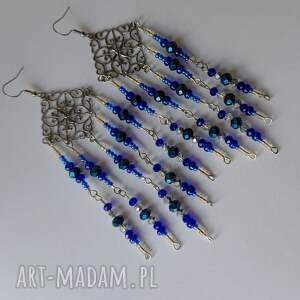 kolczyki szafir boho długie fredzle floral z koralików, kolorowa