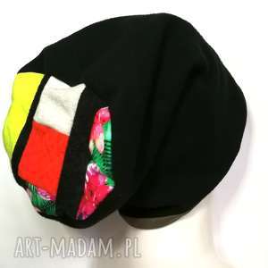 czapka damska czarna ciepła zimowa patchwork, etno, boho, kolorowa