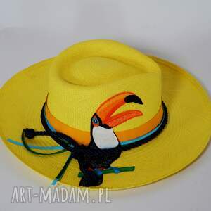kapelusz panamski z tukanem, żółty