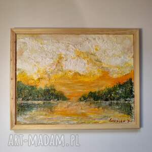 Obraz w ramie sosnowej, krajobraz, woda, akryl, płótno