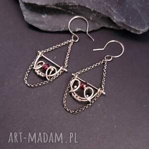 sourire - srebrne kolczyki wire wrapping z granatem eleganckie wiszące