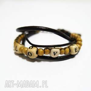 bransoletka - koraliki drewniane love rzemienie skórzane brązowe mamy