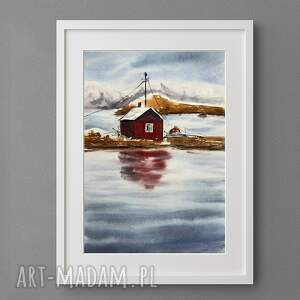 Akwarela Norweski domek rybacki