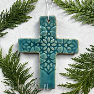 Turkusowy krzyżyk ceramiczny na ścianę handmade