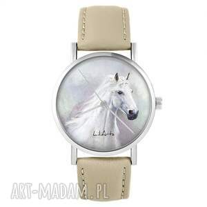 zegarek - biały koń skórzany, beżowy, pasek końska